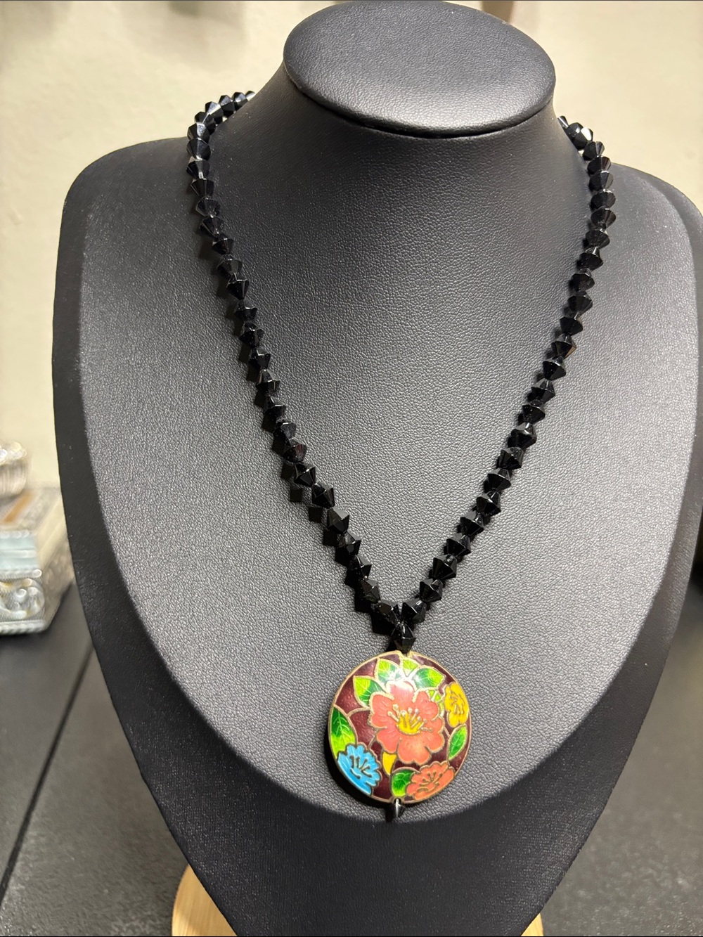 Vintage Hand-Painted Cloisonné Floral Pendant Necklace Glass Black Beads